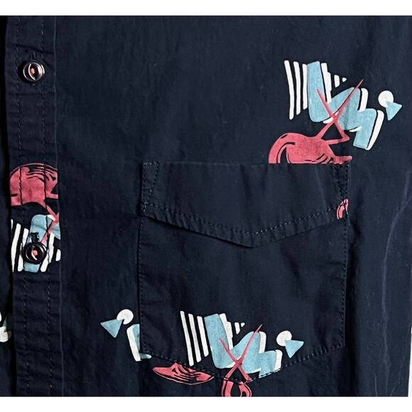 Flamingo Print XL Broken Threads Men’s Short Sleeve Button-Up Shirt Navy Blue - Picture 5 of 11